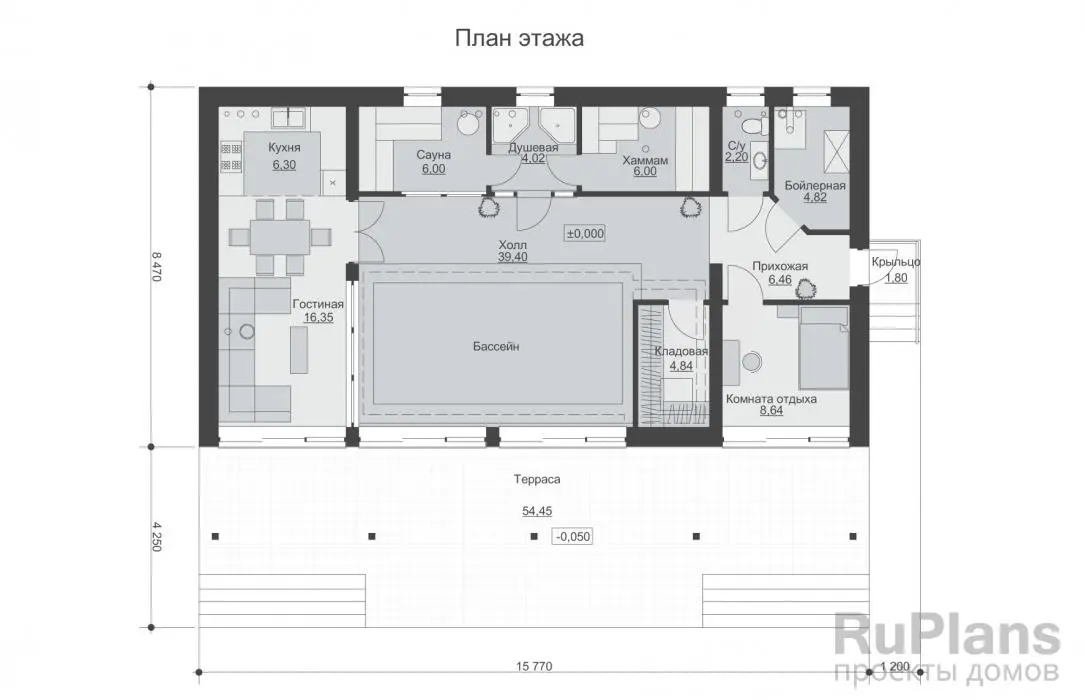 Проект бани 105 м², 15,8 × 12,7 м — Первый этаж