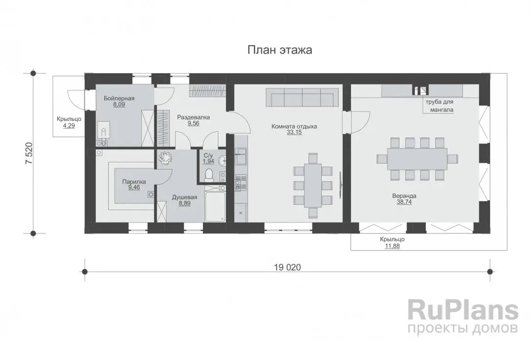 Проект бани 110 м², 7,5 × 19 м — Первый этаж