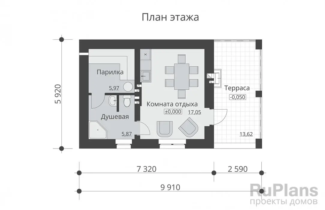 Проект бани 29 м², 5,9 × 9,9 м — Первый этаж