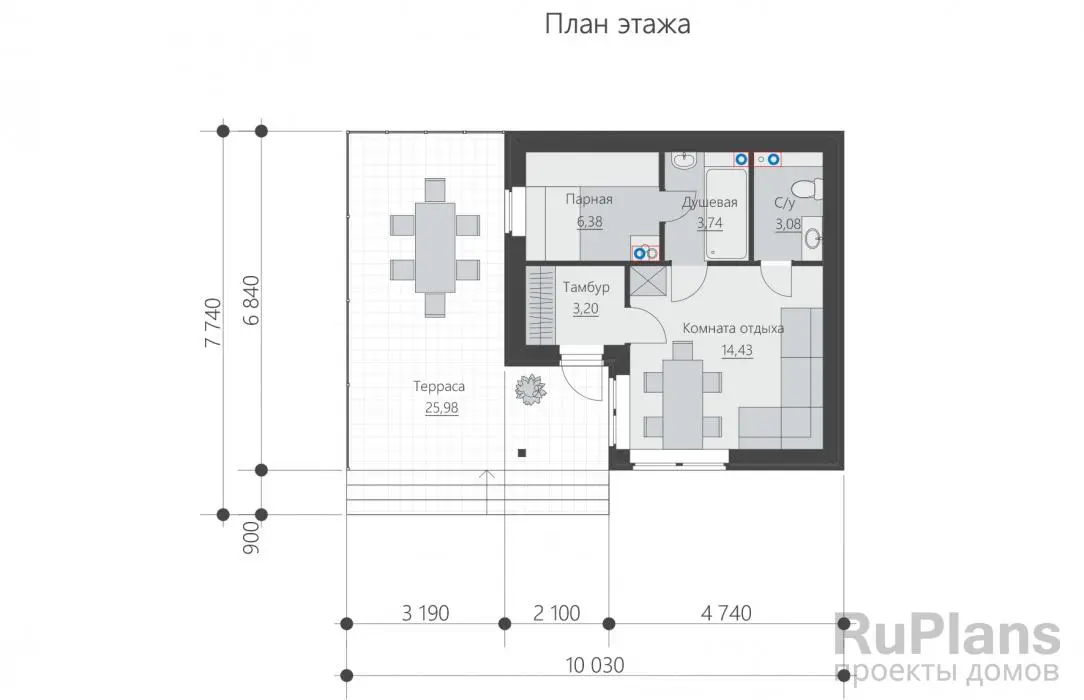 Проект бани 31 м², 6 × 9,3 м — Первый этаж