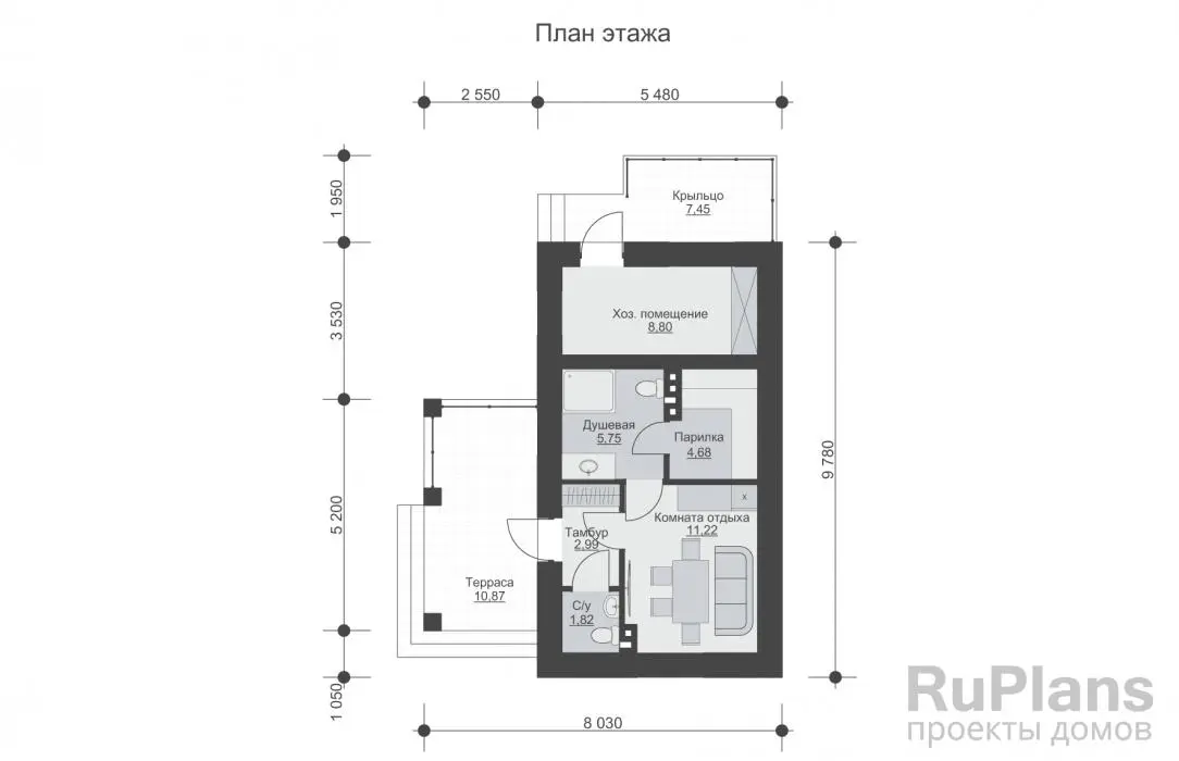Проект бани 35 м², 9,8 × 5,5 м — Первый этаж