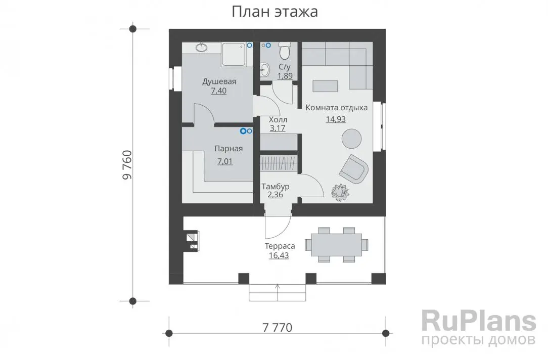 Проект бани 37 м², 9,8 × 7,8 м — Первый этаж