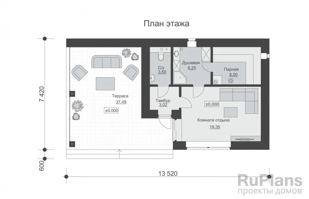 Проект бани 40 м², 7,4 × 13,5 м — Первый этаж