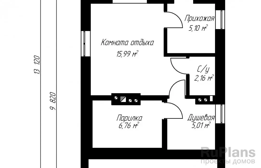 Проект бани 47 м², 13,1 × 6,5 м — Первый этаж