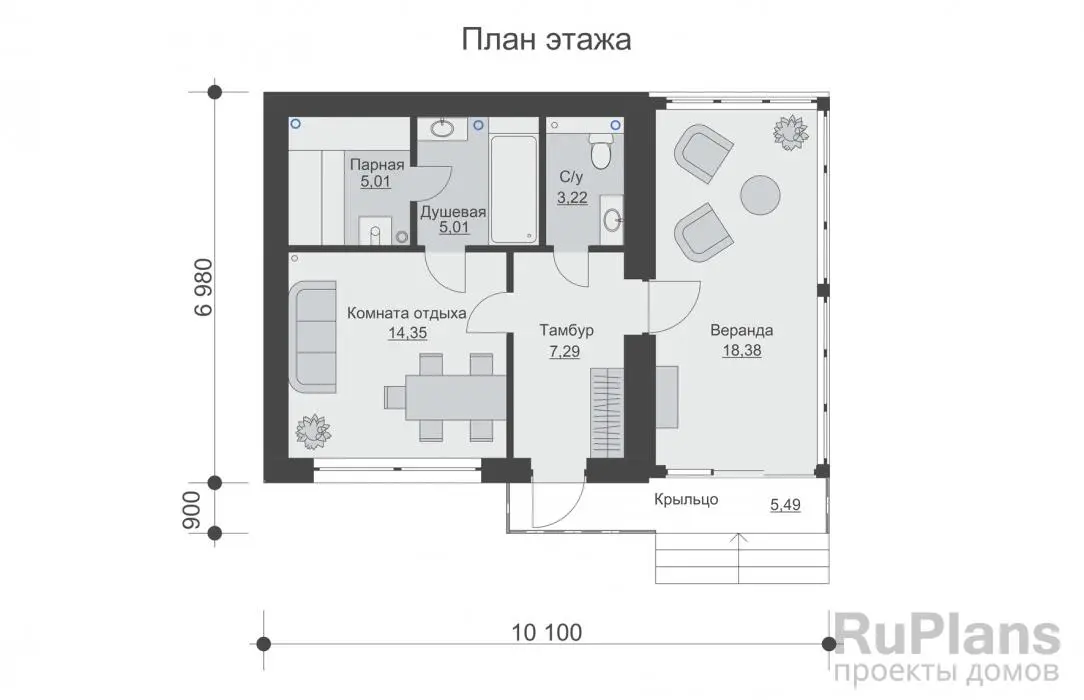 Проект бани 53 м², 7,9 × 10,1 м — Первый этаж