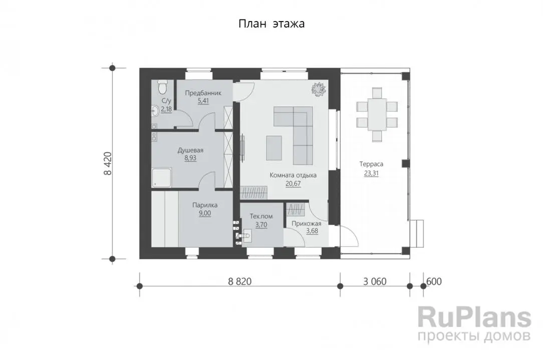 Проект бани 54 м², 8,4 × 11,9 м — Первый этаж