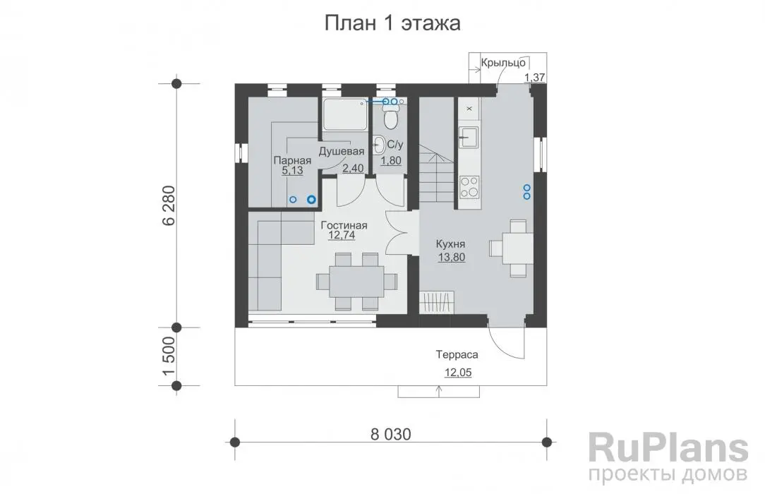 Проект бани 55 м², 7,8 × 8 м — Первый этаж