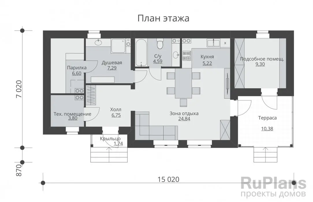 Проект бани 68 м², 7 × 15 м — Первый этаж