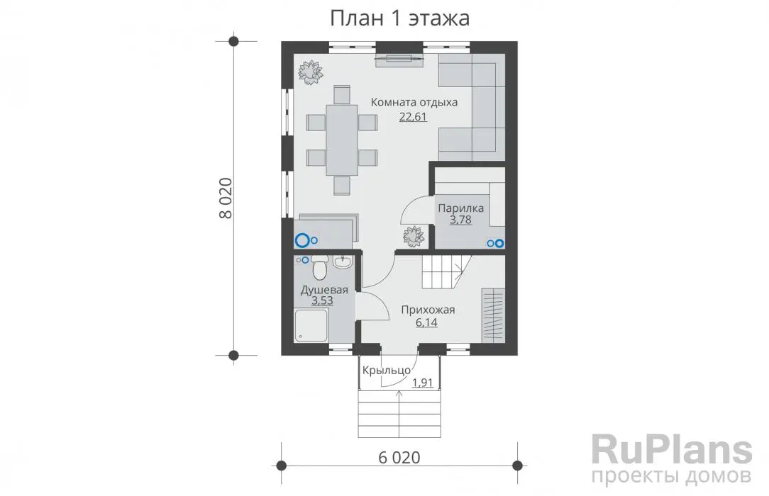 Проект бани 72 м², 8 × 6 м — Первый этаж