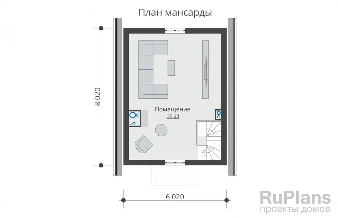 Проект бани 72 м², 8 × 6 м — Мансарда