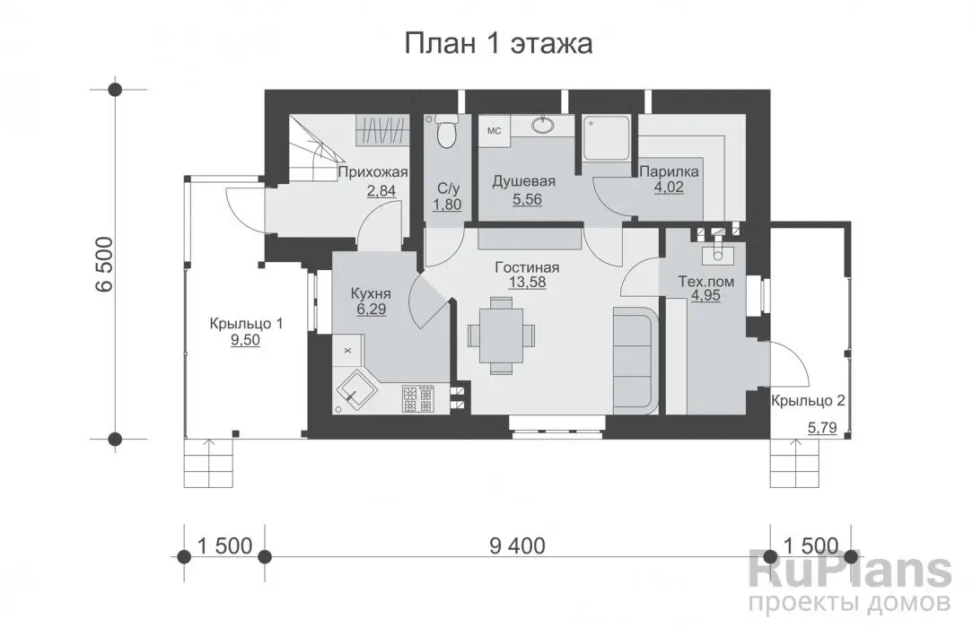 Проект бани 77 м², 9,4 × 6,5 м — Первый этаж