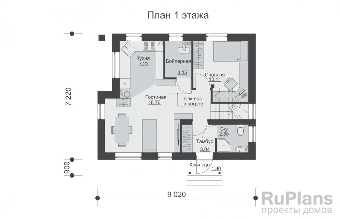 Проект дома с мансардой 100 м², 9 × 8,1 м — Первый этаж