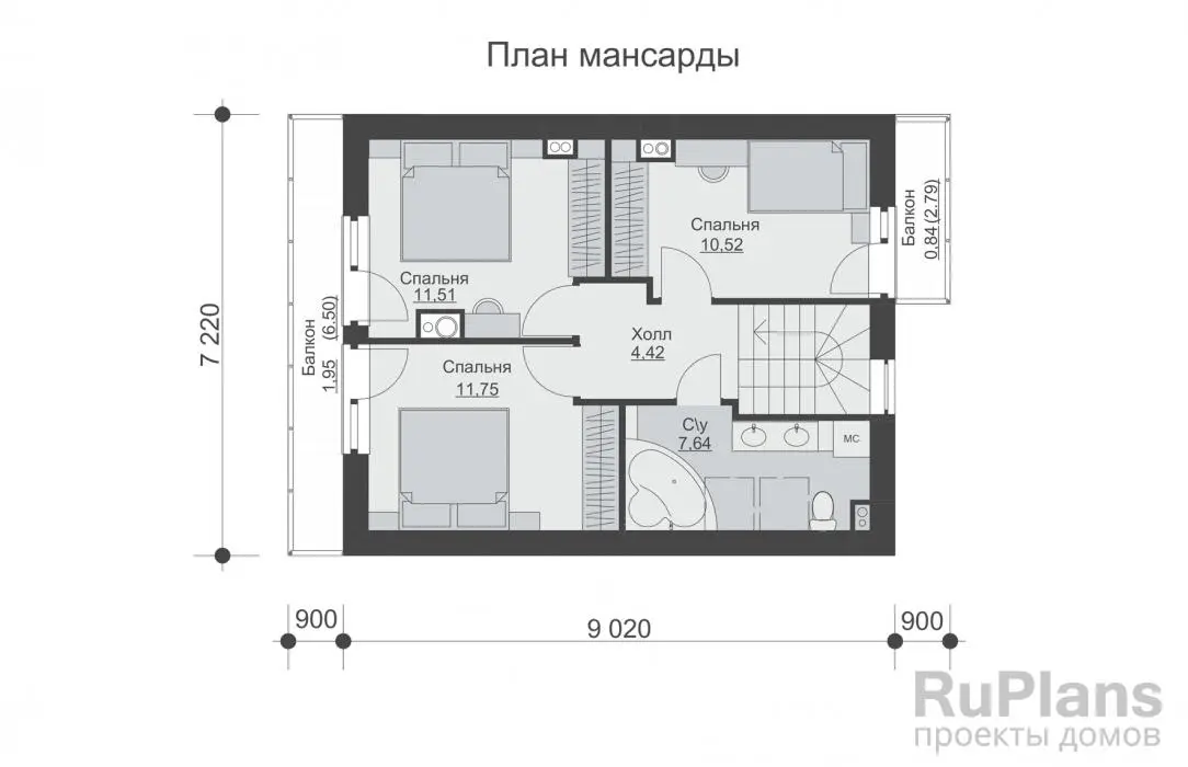 Проект дома с мансардой 100 м², 9 × 8,1 м — Мансарда