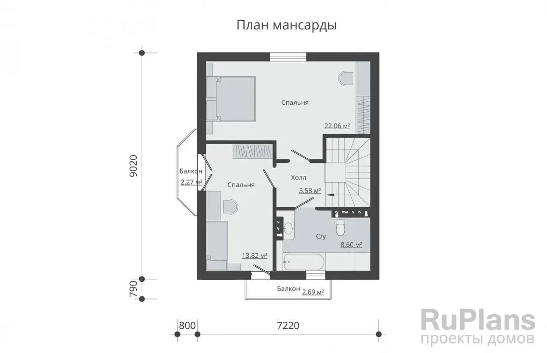 Проект дома с мансардой 101 м², 8 × 10,4 м — Мансарда