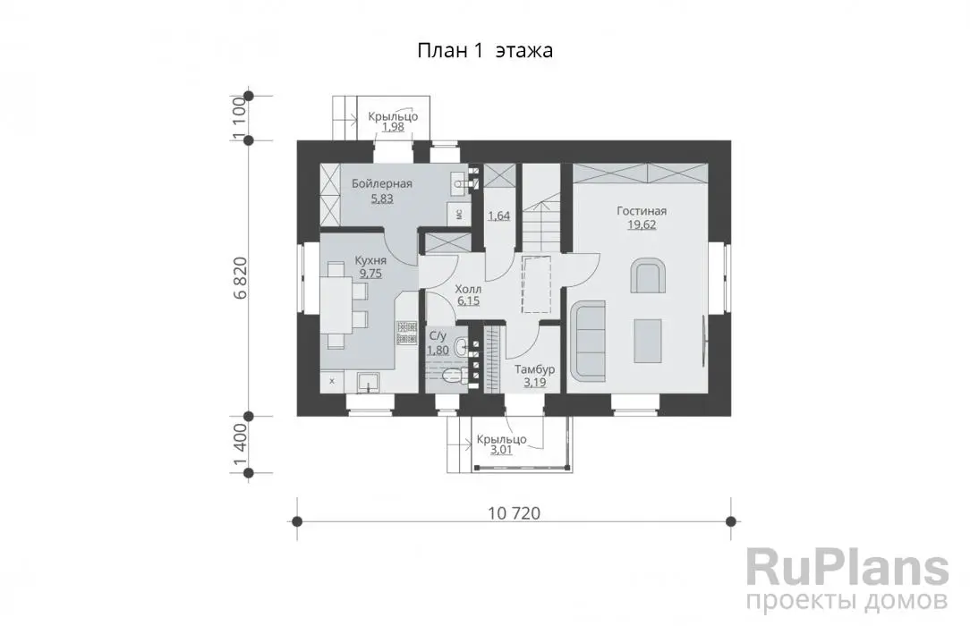 Проект дома с мансардой 102 м², 10,7 × 6,8 м — Первый этаж