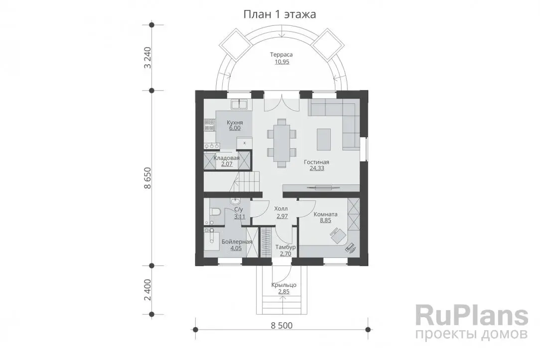 Проект дома с мансардой 103 м², 8,7 × 8,5 м — Первый этаж