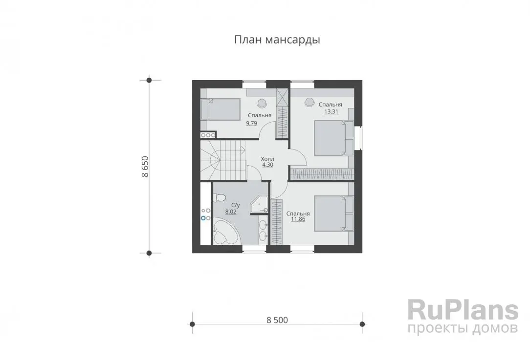 Проект дома с мансардой 103 м², 8,7 × 8,5 м — Мансарда