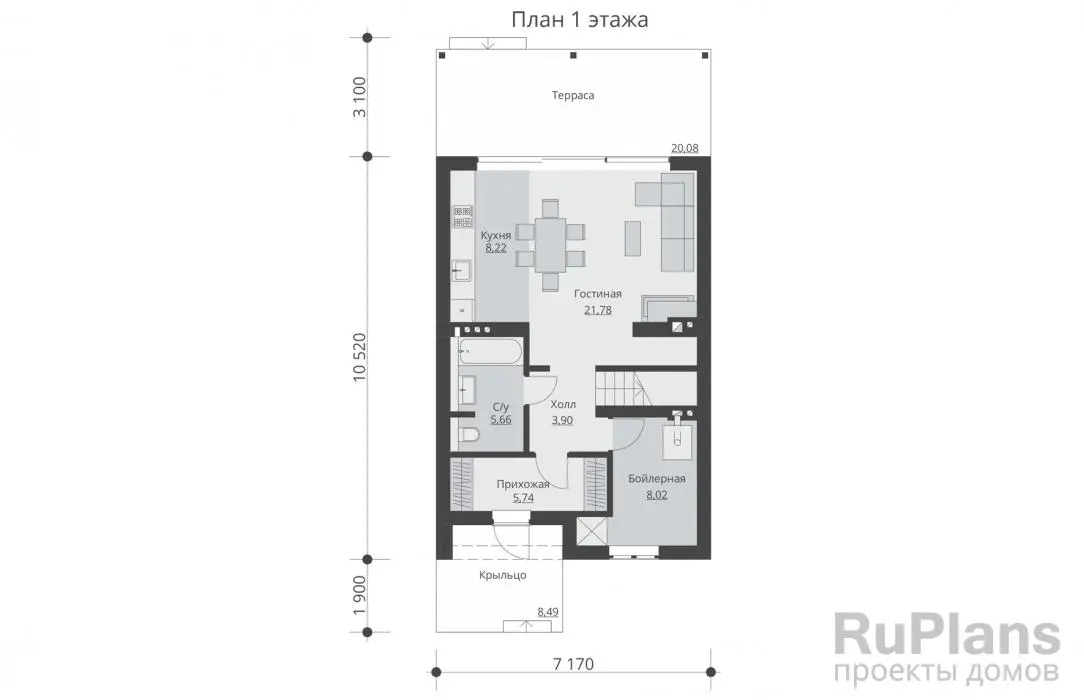 Проект дома с мансардой 104 м², 15,5 × 7,2 м — Первый этаж