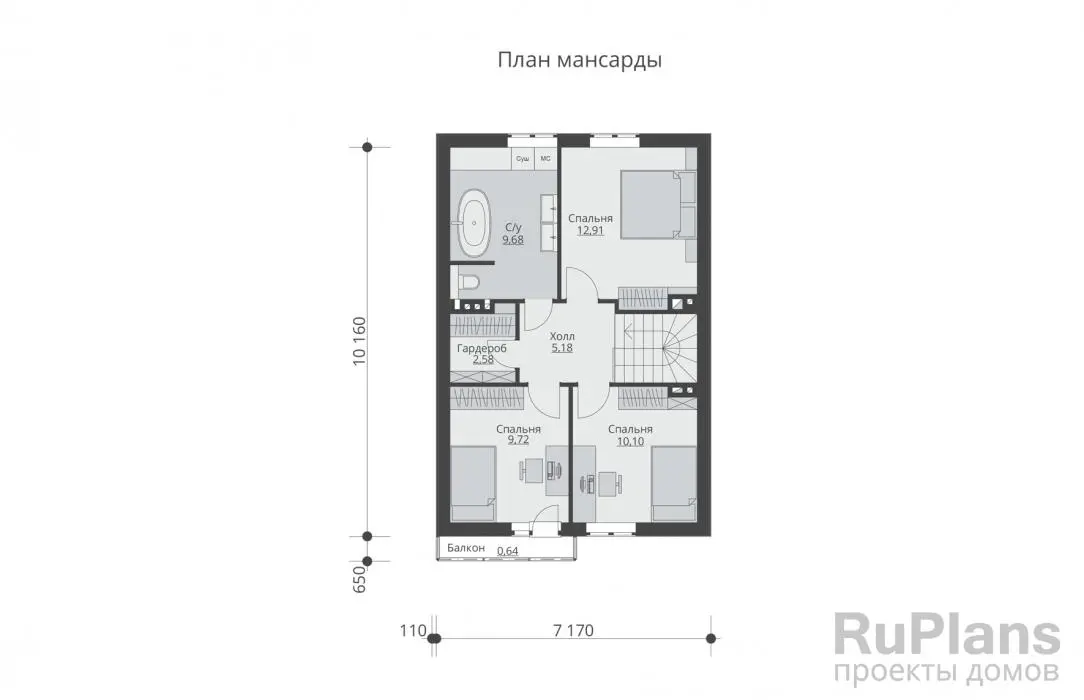 Проект дома с мансардой 104 м², 15,5 × 7,2 м — Мансарда