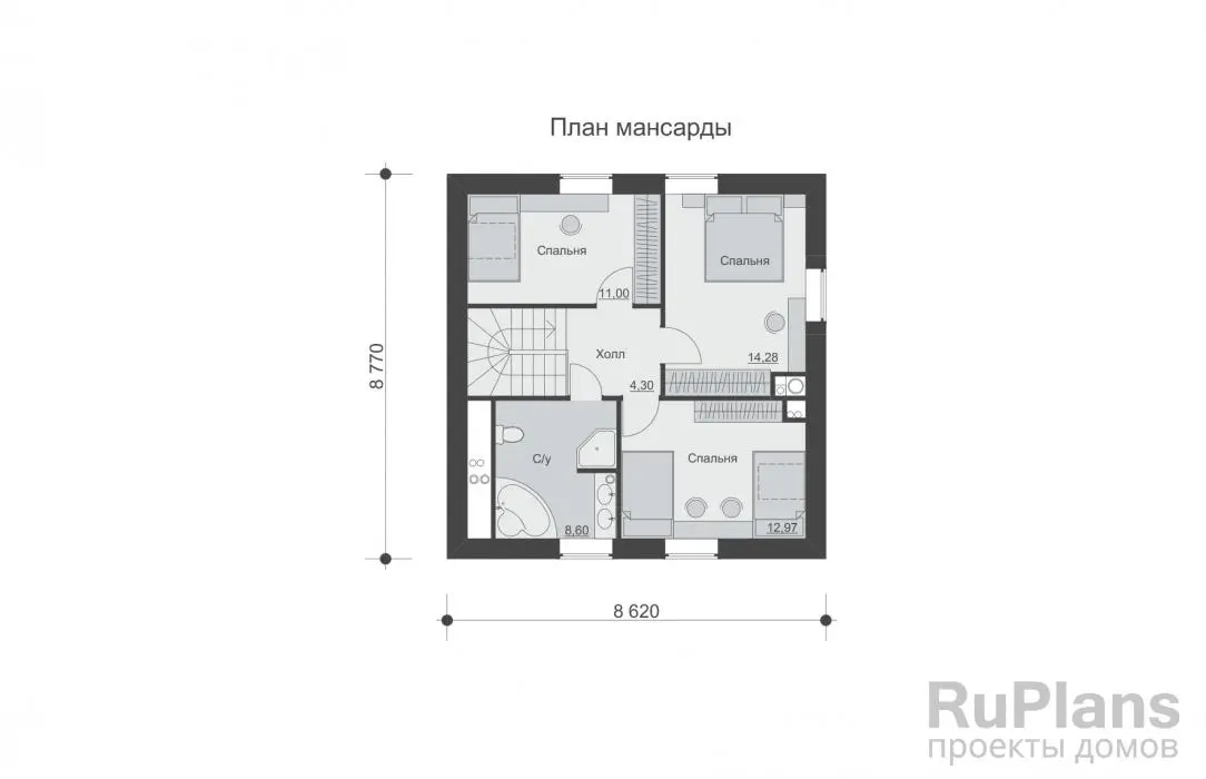 Проект дома с мансардой 105 м², 8,6 × 8,8 м — Мансарда