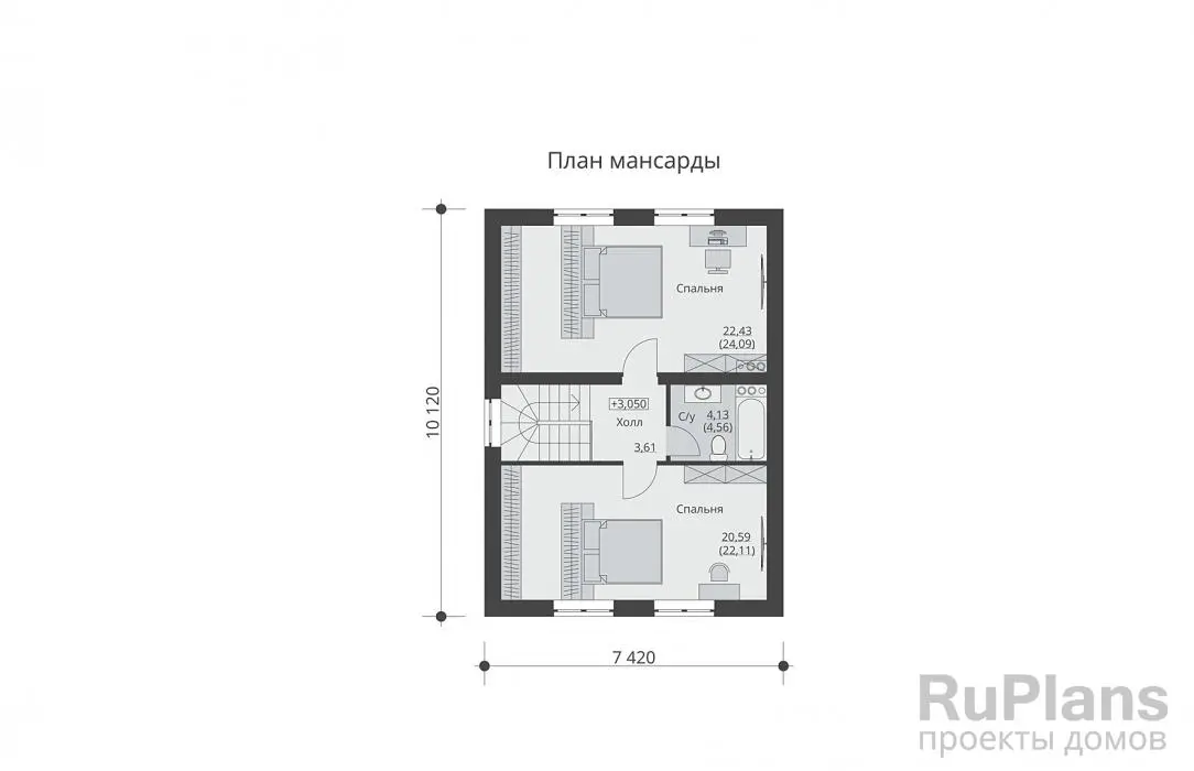 Проект дома с мансардой 106 м², 10,1 × 7,4 м — Мансарда