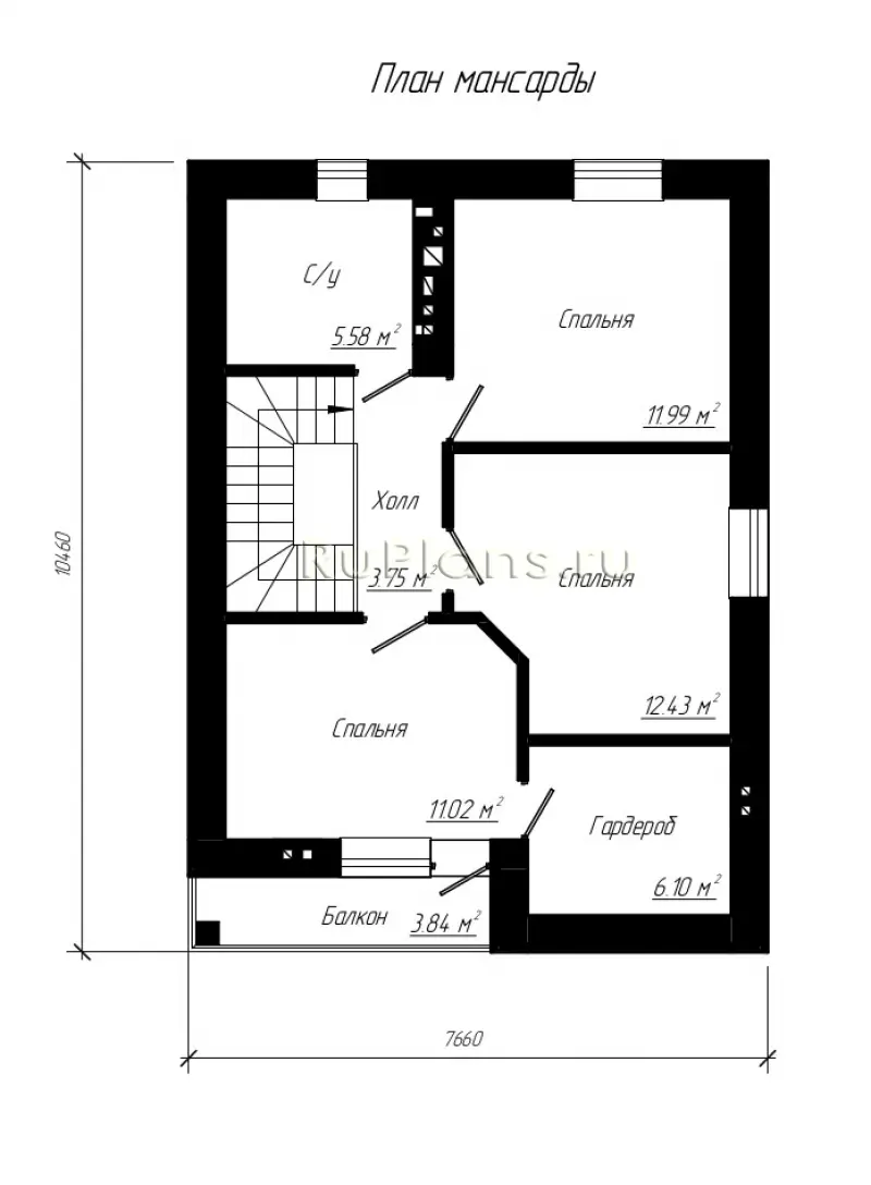 Проект дома с мансардой 107 м², 7,7 × 10,5 м — Мансарда