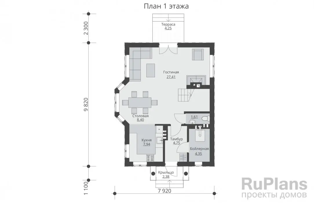 Проект дома с мансардой 107 м², 10,8 × 7,9 м — Первый этаж