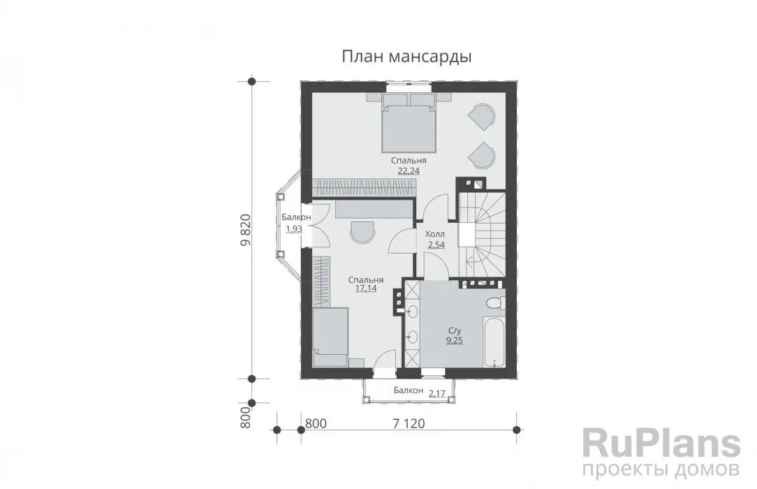 Проект дома с мансардой 107 м², 10,8 × 7,9 м — Мансарда