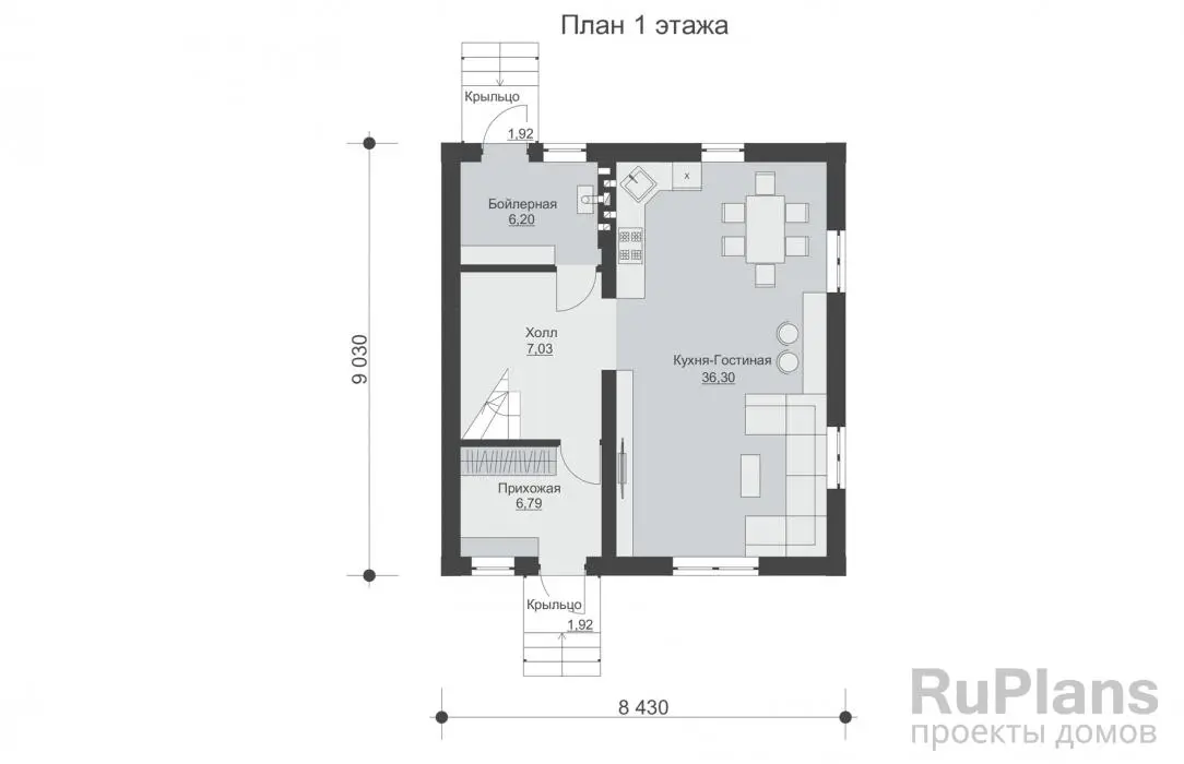 Проект дома с мансардой 108 м², 9 × 8,4 м — Первый этаж