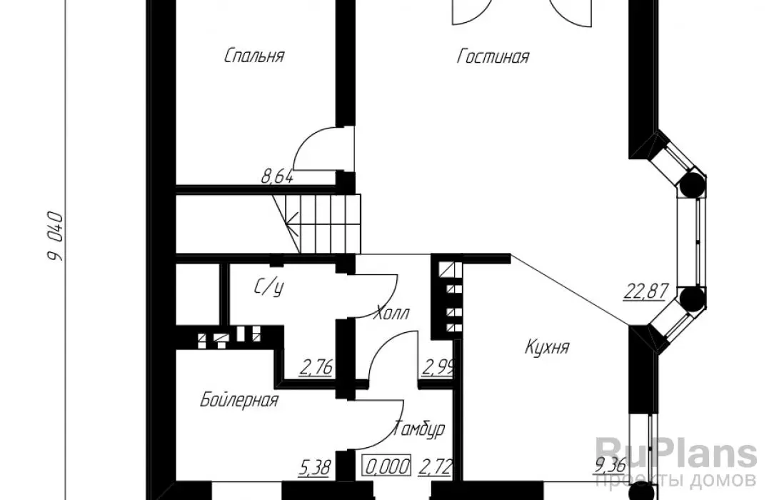 Проект дома с мансардой 109 м², 9 × 9,3 м — Первый этаж