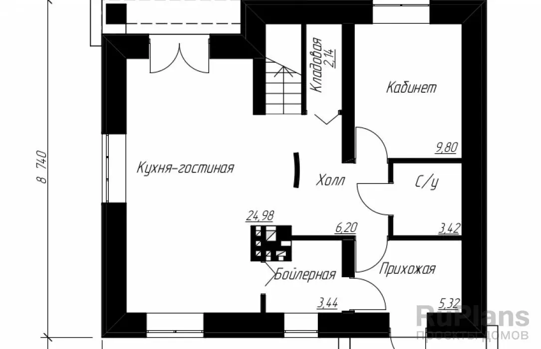 Проект дома с мансардой 113 м², 8,7 × 9,9 м — Первый этаж