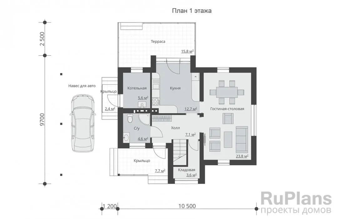 Проект дома с мансардой 115 м², 14,8 × 12,2 м — Первый этаж