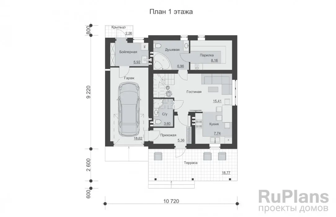 Проект дома с мансардой 115 м², 10,7 × 12,6 м — Первый этаж