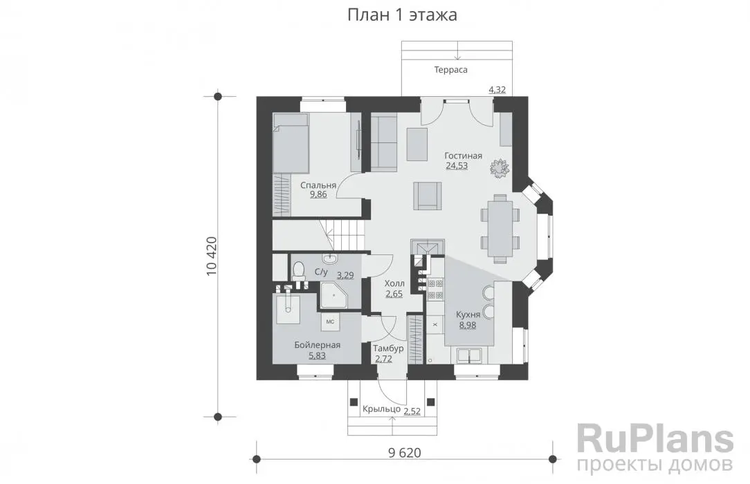 Проект дома с мансардой 116 м², 10,4 × 9,6 м — Первый этаж
