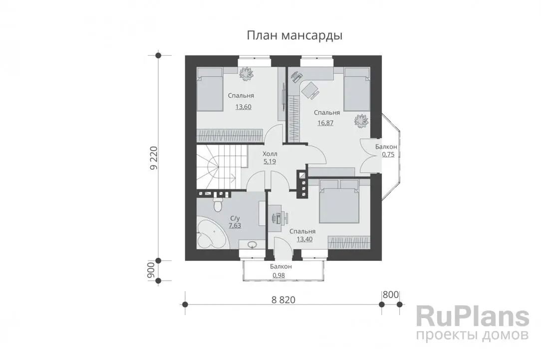 Проект дома с мансардой 116 м², 10,4 × 9,6 м — Мансарда