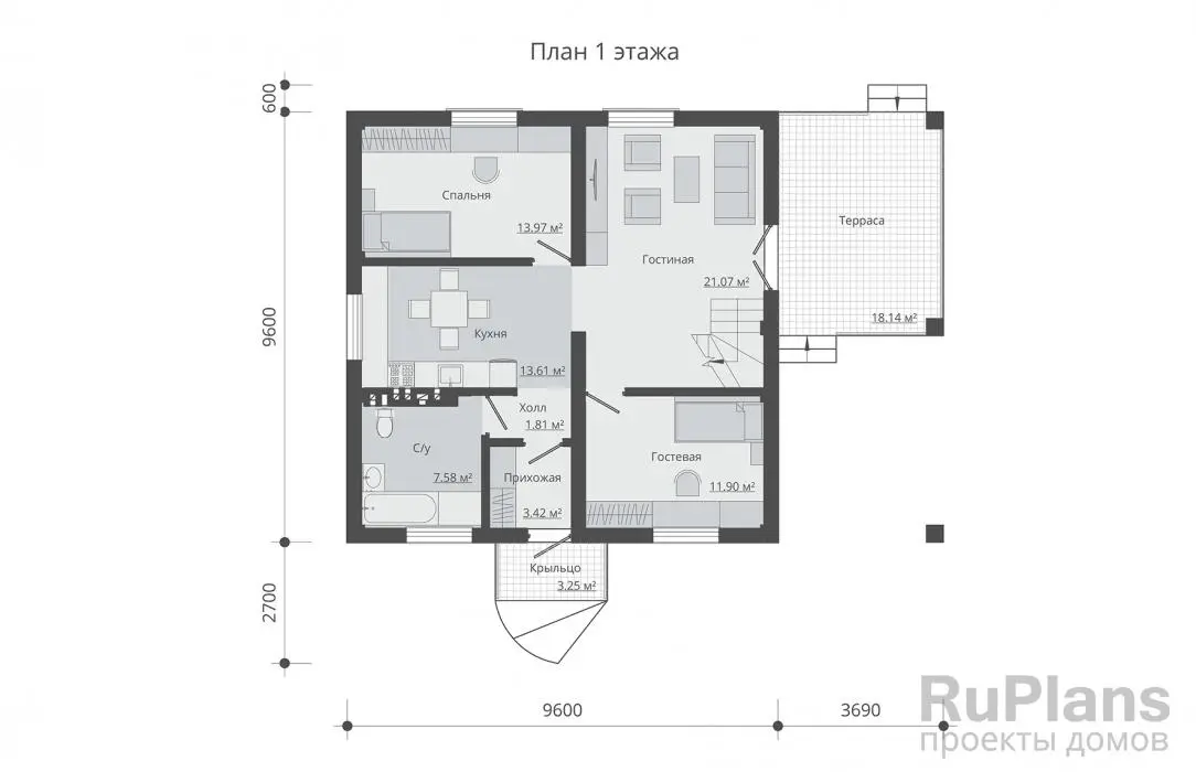 Проект дома с мансардой 117 м², 13,3 × 9,6 м — Первый этаж