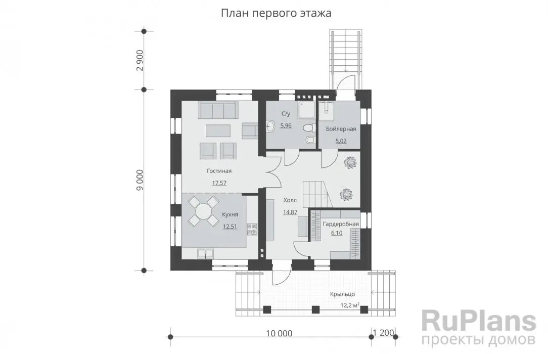 Проект дома с мансардой 120 м², 10 × 9 м — Первый этаж