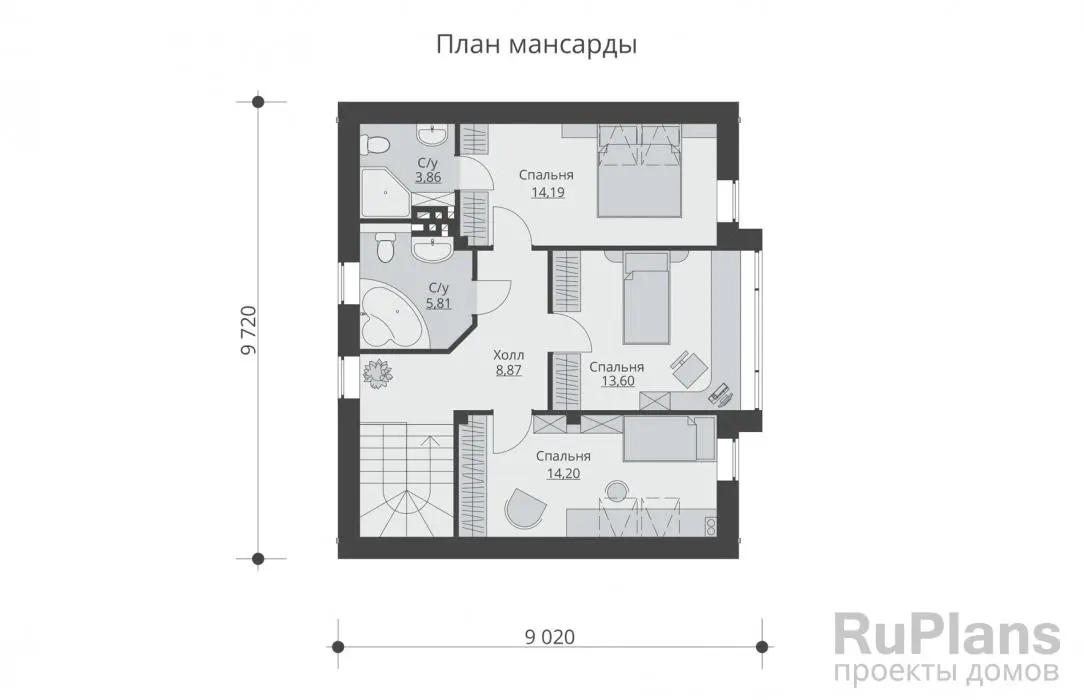 Проект дома с мансардой 120 м², 9,7 × 9 м — Мансарда