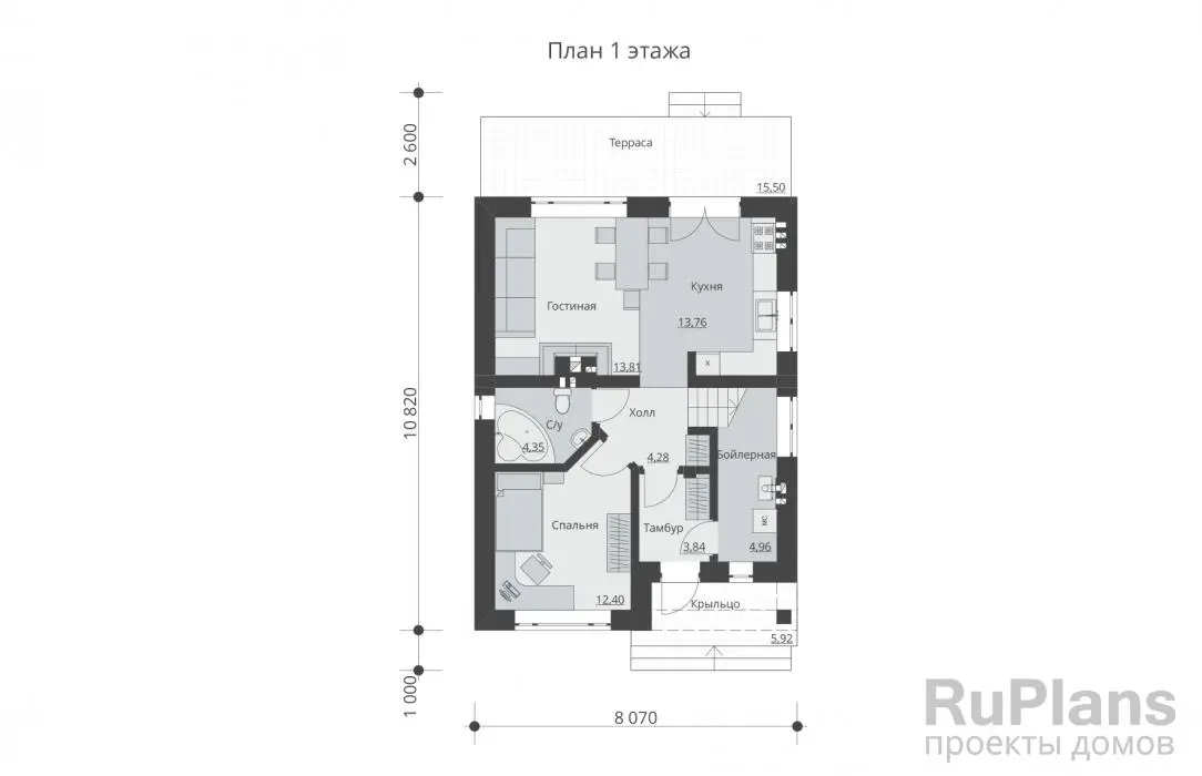 Проект дома с мансардой 120 м², 8,1 × 10,8 м — Первый этаж