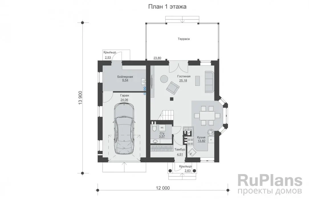 Проект дома с мансардой 122 м², 13,9 × 12 м — Первый этаж