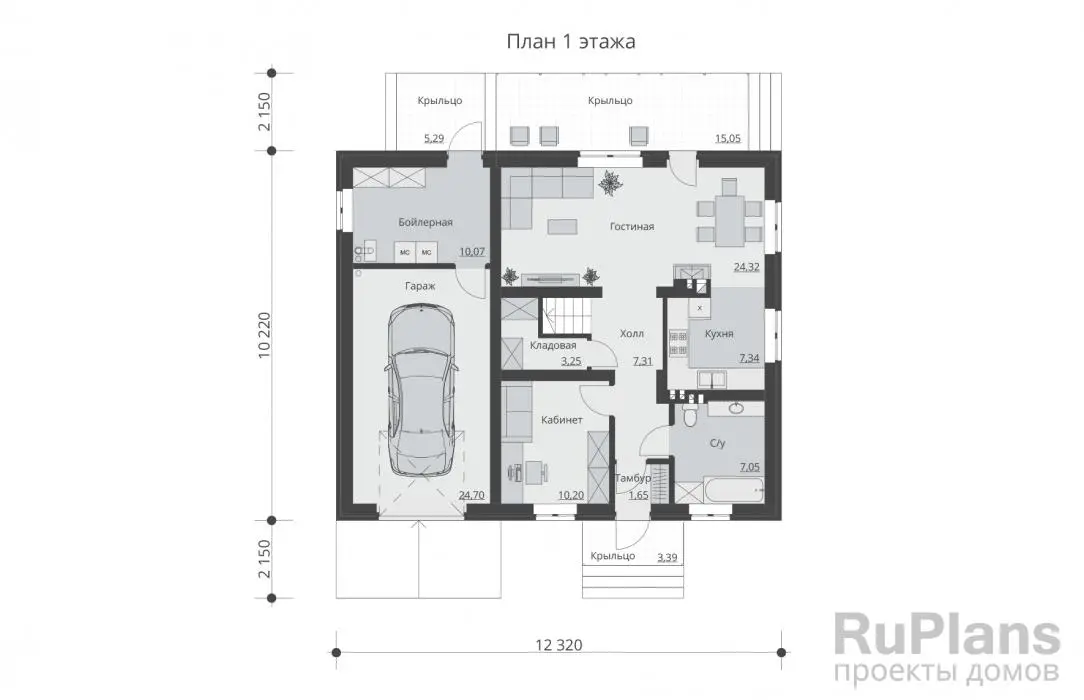 Проект дома с мансардой 123 м², 12,3 × 12,3 м — Первый этаж