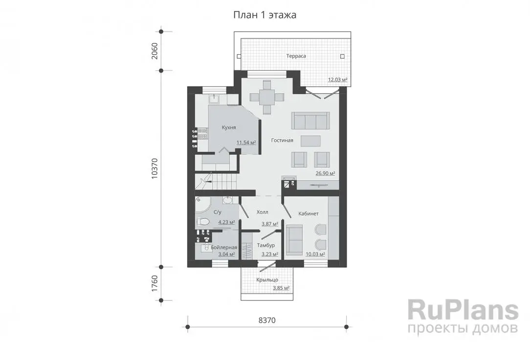 Проект дома с мансардой 124 м², 10,4 × 8,4 м — Первый этаж