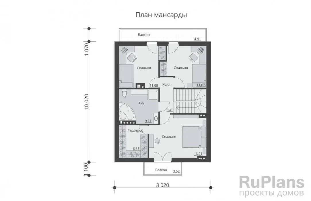 Проект дома с мансардой 124 м², 8 × 10 м — Мансарда