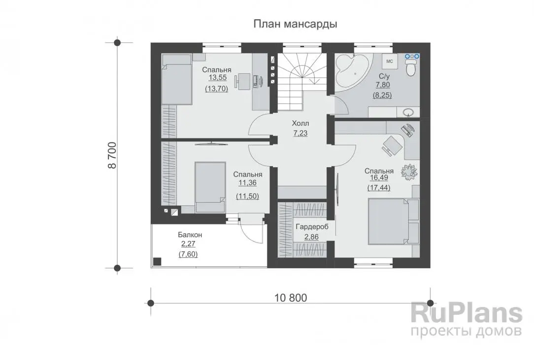 Проект дома с мансардой 126 м², 8,7 × 13 м — Мансарда