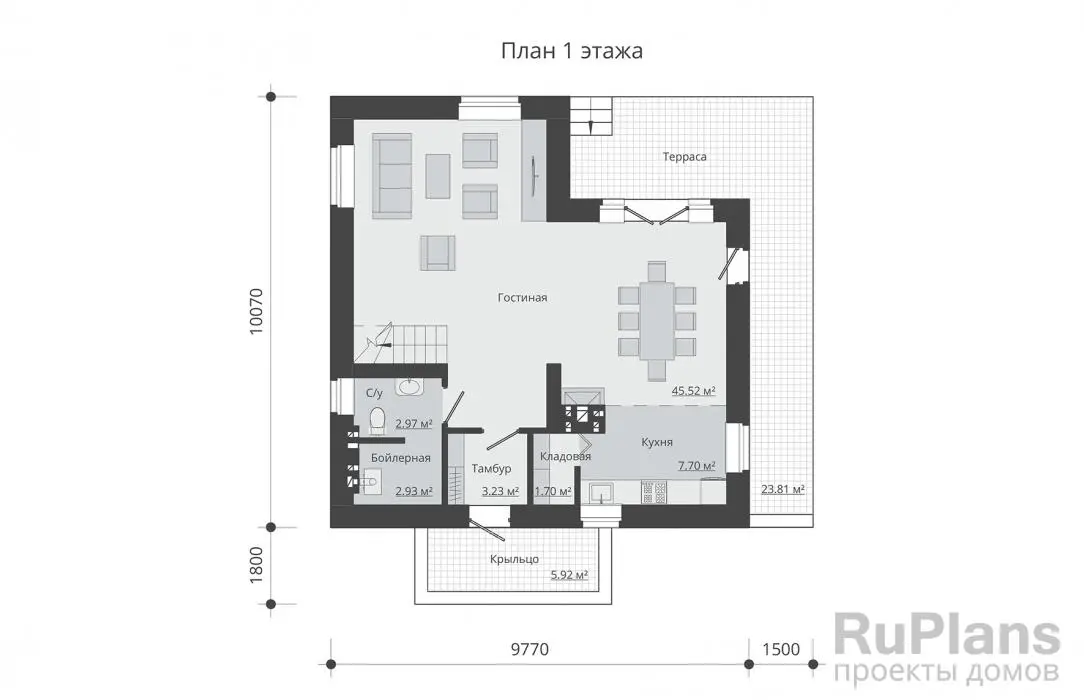 Проект дома с мансардой 128 м², 9,8 × 10,1 м — Первый этаж