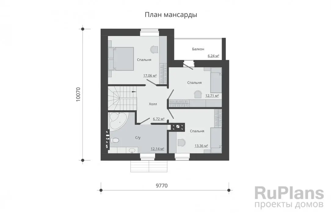 Проект дома с мансардой 128 м², 9,8 × 10,1 м — Мансарда
