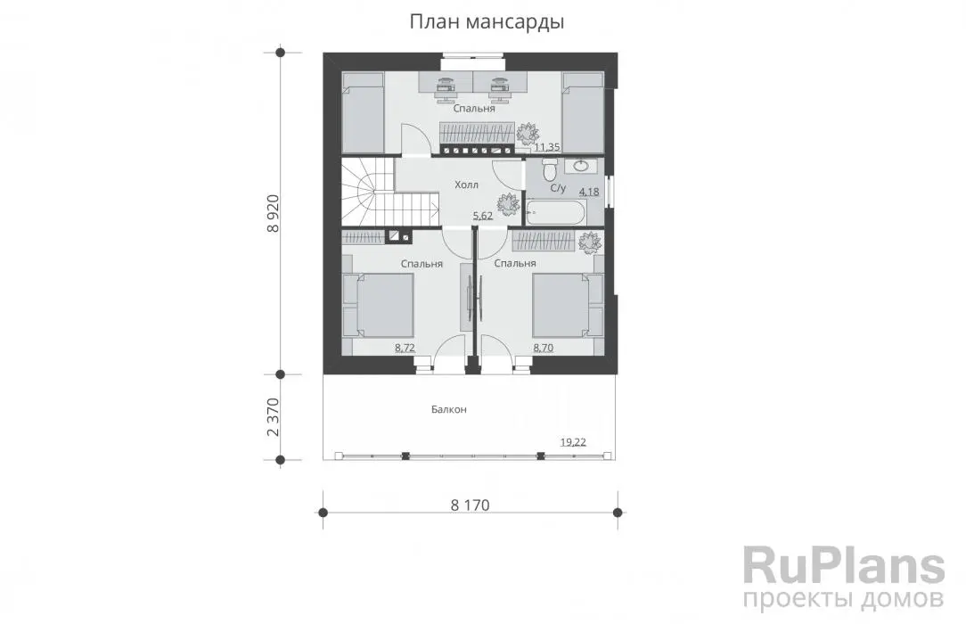 Проект дома с мансардой 128 м², 9,8 × 11,3 м — Второй этаж