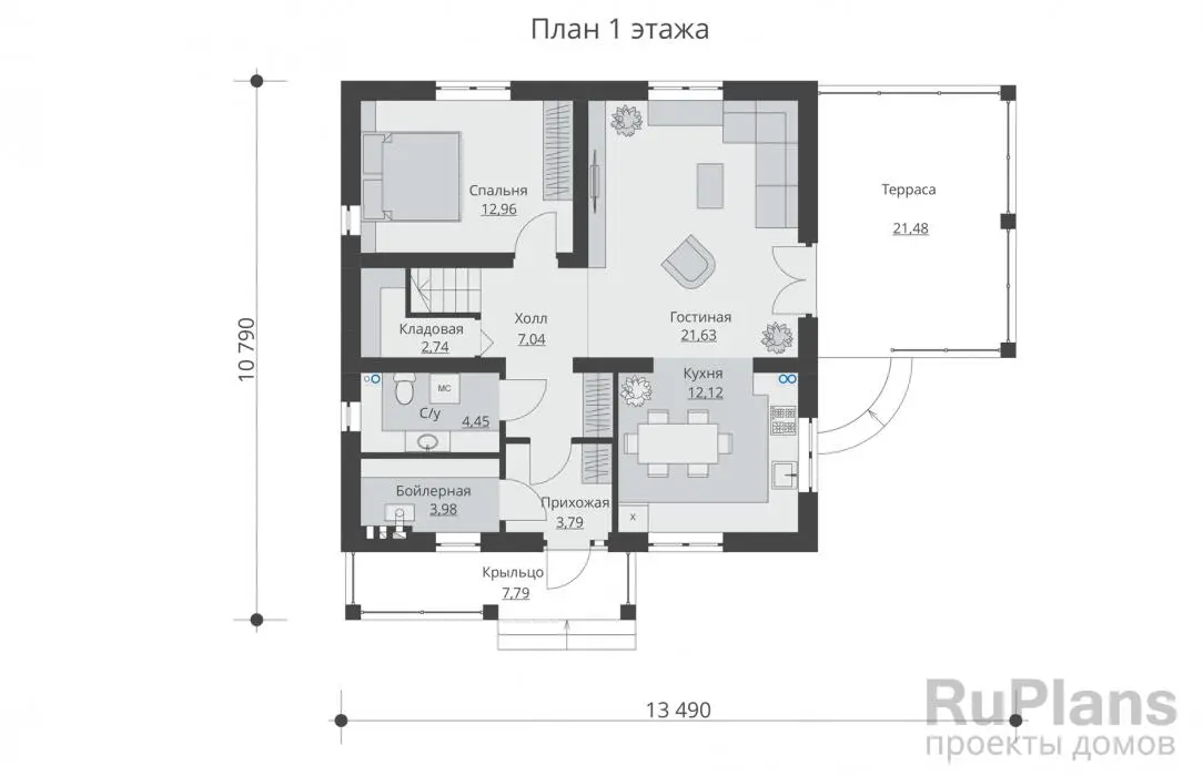 Проект дома с мансардой 128 м², 10,8 × 13,5 м — Первый этаж