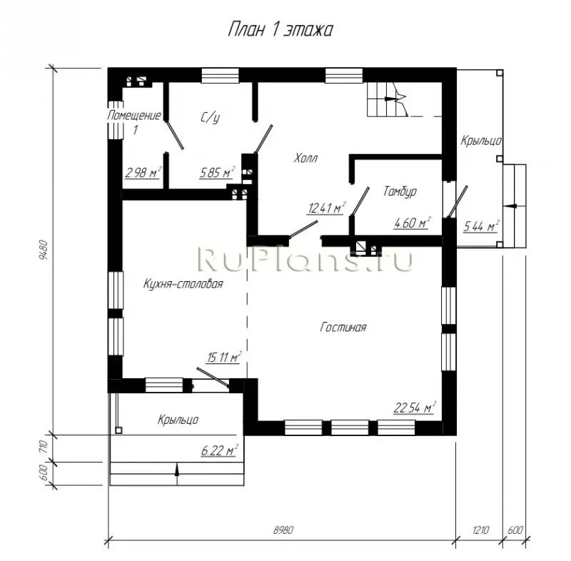 Проект дома с мансардой 129 м², 10,2 × 10,2 м — Первый этаж