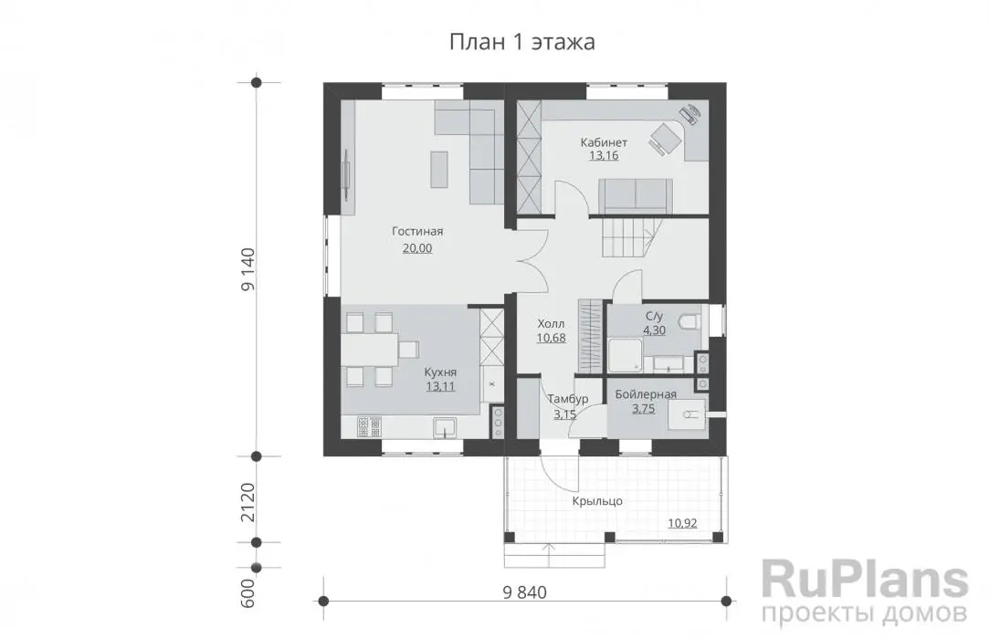 Проект дома с мансардой 129 м², 11,3 × 9,8 м — Первый этаж